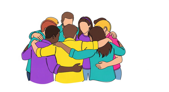Stylized drawing of diverse people embracing, symbolizing unity, community, and support, ideal for social and lifestyle concepts