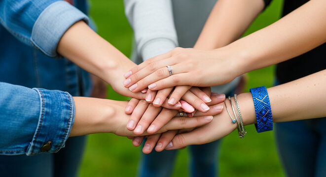 Close up of stacked hands showcasing unity and collaboration, symbolizing teamwork and partnership, perfect for business or lifestyle concepts