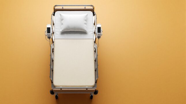 Top view of empty hospital bed with white pillow and sterile sheet. Medical equipment side rails and monitor attached. Clean modern ward for patient recovery.