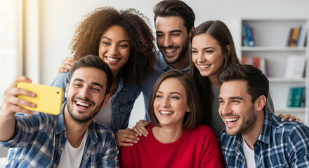 Obraz premium Diverse group of smiling people taking a selfie with a yellow smartphone, symbolizing friendship, happiness, and modern connection