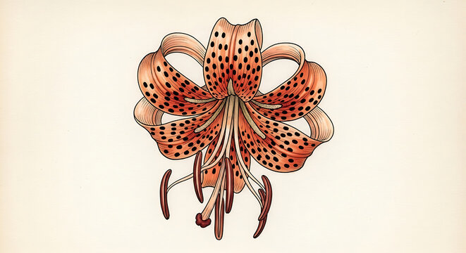 Vintage botanical illustration of a tiger lily flower with spotted orange petals