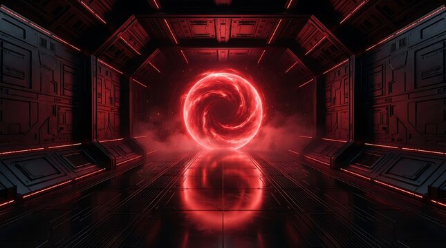 A futuristic dark corridor with red neon lights leading to a glowing swirling red energy orb reflecting on the polished floor.