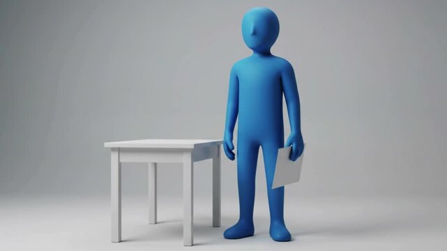 3D Blue Character Reading Document Paper Standing Beside Desk