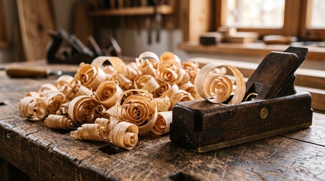 Wood shavings and wooden plane on workbench in a carpentry workshop, texture concept  