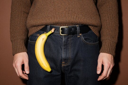Young man wears banana in belt like phallic symbol. Close up of guy in brown sweater, blue jeans with fruit tucked in trousers. Creative conceptual photo showing funny metaphor about male potency,