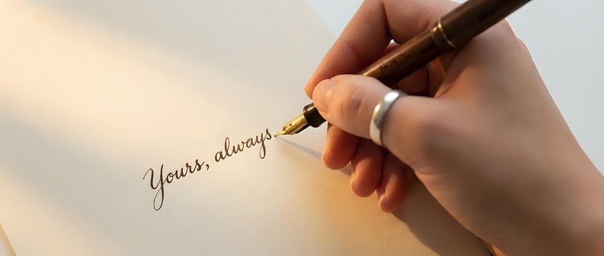 Handwriting calligraphy with brush pen on white paper, creating elegant script lettering