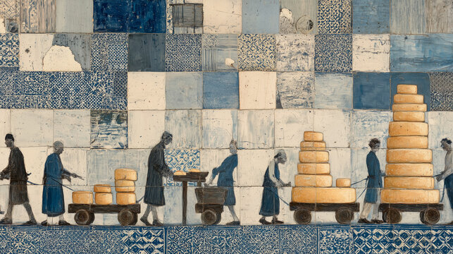 Panoramic patchwork of tiles showing huge rounds of cheese