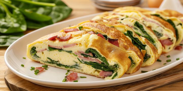 Golden rolled omelette filled with spinach bacon and melted cheese