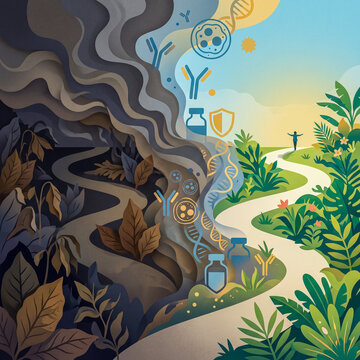 Conceptual illustration showing transition from dark illness to vibrant health through science and vaccination