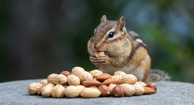 Cute chipmunk sitting on stone eating peanuts and mixed nuts with stuffed cheeks in a natural outdoor park setting, close-up wildlife photography for commercial stock usage.
