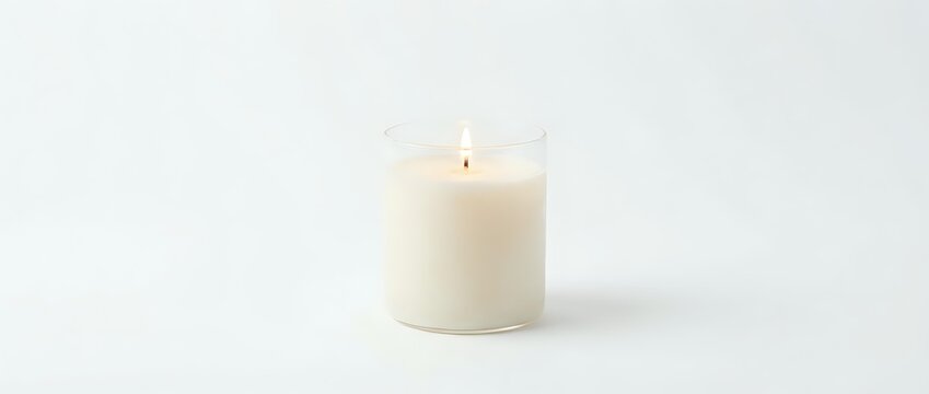 Lit cream pillar candle with glowing flame casting soft shadows on white background
