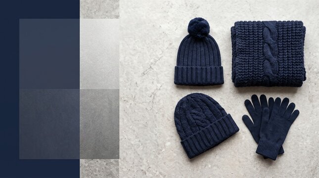 knitted winter accessories with beanie hats, scarf, and gloves on light background flat lay