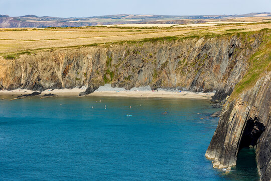 Steep rocky cliffs encircling sandy cove at Traeth Llyfn, Pembrokeshire, calm blue sea meeting shoreline below coastal fields in West Wales, wide high angle