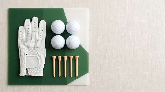 golf equipment with leather glove, balls, and wooden tees on light background flat lay