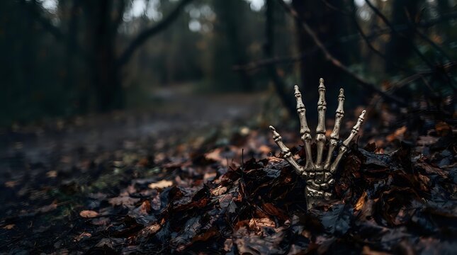 Skeletal hand emerging from dark forest soil among fallen leaves and branches, evoking gothic and horror themes