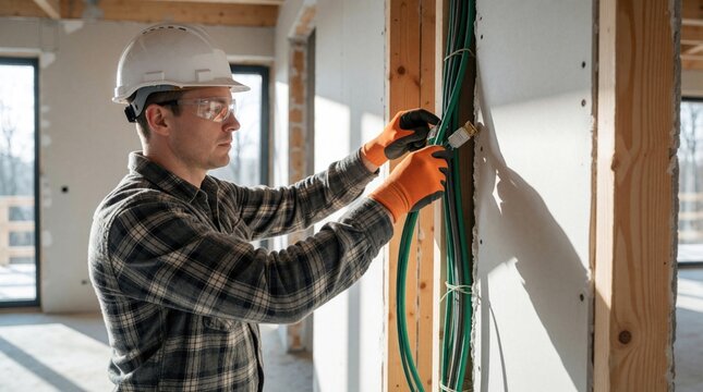 Electrician installs electrical cables inside unfinished residential building. Professional worker in safety gear connects wires for home power. Construction industry worker manages new house wiring.