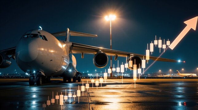 Cargo aircraft parked on airport tarmac at night. Financial growth chart with candlestick pattern, rising arrow overlay on plane. Logistics business concept showing freight transport revenue