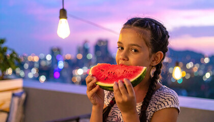 Obraz premium A happy young girl eats a juicy slice of fresh watermelon on a rooftop balcony at dusk. The vibrant twilight sky and blurred city lights evoke a warm summer evening atmosphere.