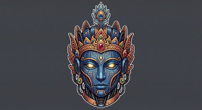 Pixel art portrait of a blue cyborg wayang character with an ornate golden crown