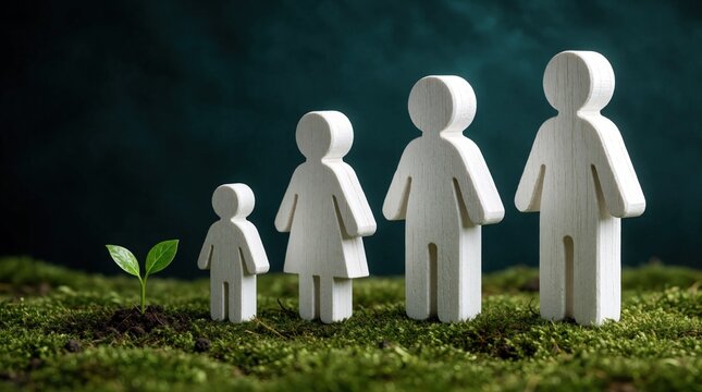 Wooden family figures stand in a row on mossy ground with a small plant sprouting. Represents multi generational growth, investment, and future planning for family prosperity.