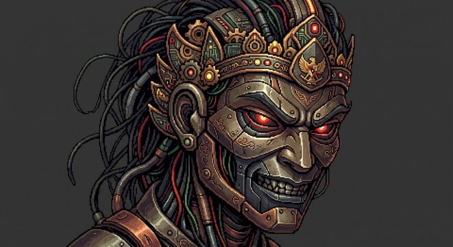 Pixel art portrait of a sinister cyborg wayang character with an evil smile and red eyes