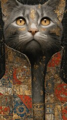Fototapeta premium Regal cat with golden eyes in ornate attire, ideal for mobile wallpaper.