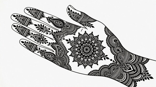 Intricate henna art covers a hand with detailed floral mandala patterns on fingers and palm. Black ink designs on clean white background offer traditional elegance.