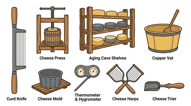 Set of traditional cheese making tools and equipment including a curd knife cheese press aging cave shelves copper vat mold thermometer hygrometer cheese harps and a cheese trier