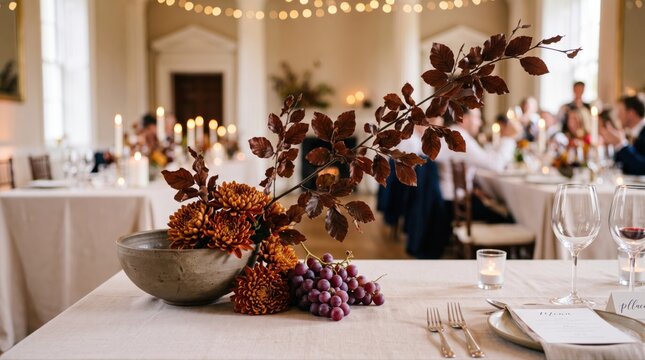 Elegant autumn wedding reception table setting with floral centerpiece and grapes. Perfect for event planning, luxury dining, and special occasion celebrations with a warm, inviting atmosphere.