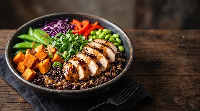Teriyaki chicken power bowl with sweet potato, edamame, and rice. A vibrant and nutritious meal perfect for healthy eating, meal prep, and restaurant menus.