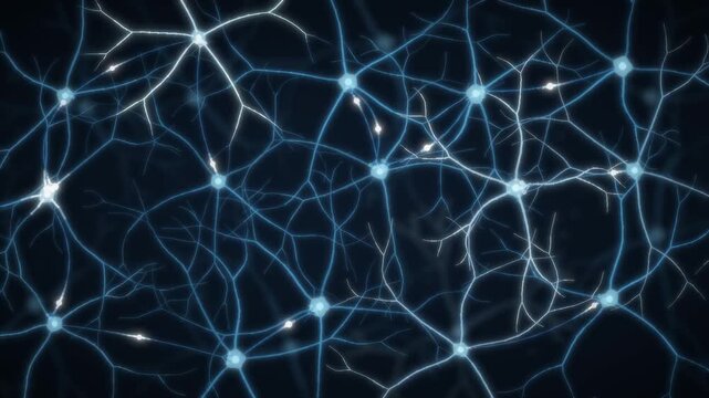 Neural Network of Firing Neurons with Glowing Synapses and Electrical Impulses Seamless Loop in cool cyan tones