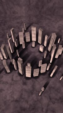 Ancient Stone Circle of Standing Monoliths, Slow Orbiting Aerial View With Parallax, Seamless Loop in subtle rose tones vertical 9:16