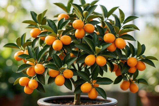 Ripe kumquat citrus tree grows in ceramic pot. Small orange fruits hang from green leafy branches. Healthy organic mandarin plant in planter provides fresh vitamin rich snack. Indoor garden plant