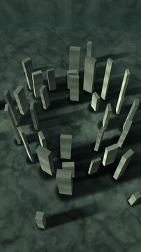 Ancient Stone Circle of Standing Monoliths, Slow Orbiting Aerial View With Parallax, Seamless Loop in deep verdigris tones vertical 9:16