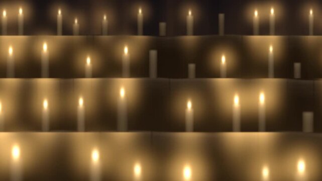 Rows of Glowing Candles on Stone Steps at Night, Sideways Camera Pan With Depth Parallax, Seamless Loop in deep night tones