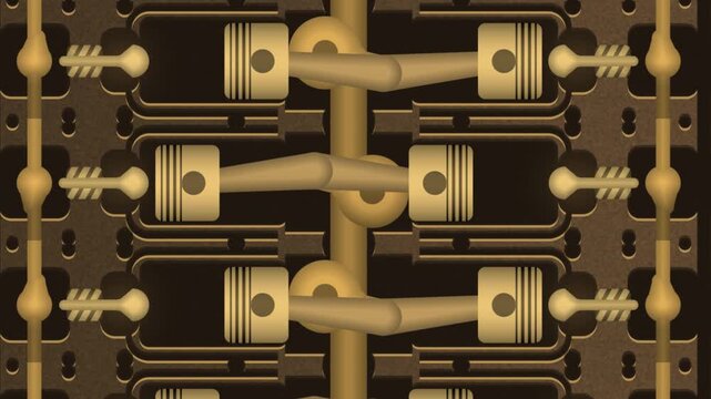 Slow Pan Down an Endless Engine Cutaway With Pistons, Connecting Rods and a Turning Crankshaft, Seamless Loop in soft brass tones