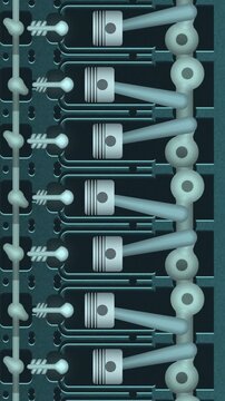 Slow Pan Down an Endless Engine Cutaway With Pistons, Connecting Rods and a Turning Crankshaft, Seamless Loop in cool teal tones vertical 9:16