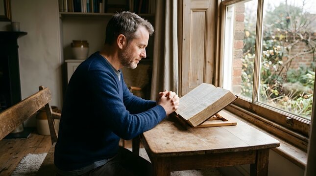 Middle aged man with grey hair praying with hands clasped over an open bible at a rustic wooden table by a window