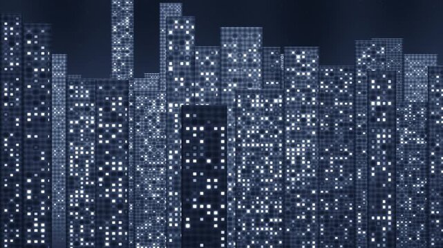 Reverse Pan Across Glowing Tower Windows At Night, Counter Panning Parallax City Layers, Seamless Loop in rich blue tones