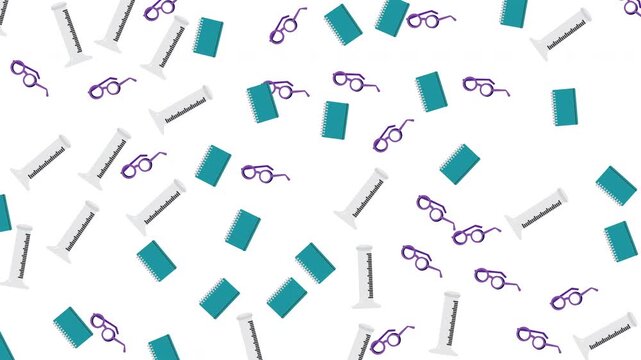 Seamless education pattern with notebooks, glasses, and science cylinders