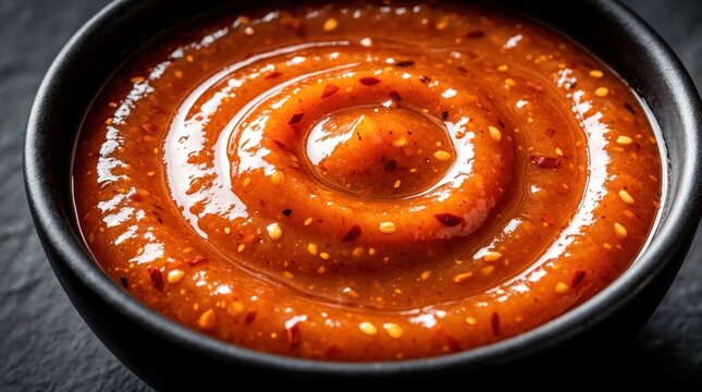 Close up of spicy peri peri sauce in black ceramic bowl. Red chili condiment with seeds, herbs swirls in dark dish. Hot african marinade texture creates tasty dip for food. Tasty seasoning for