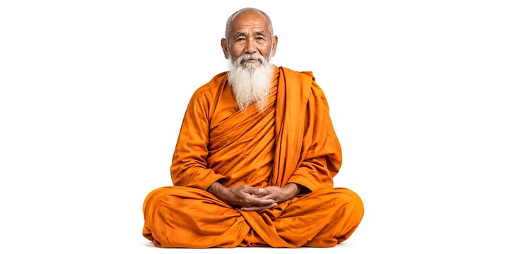 Buddhist monk in orange robes meditating, elderly man with white beard in lotus pose, peaceful zen meditation on white background