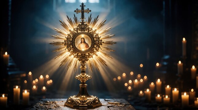 Golden monstrance glows with light rays in dark chapel with candles. Sacred religious object for adoration and communion creates mystical atmosphere of prayer and worship.