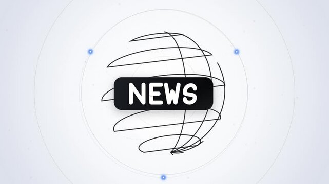 Rotating globe wireframe animation with news text overlay motion footage