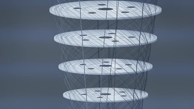 Rotating Gold Plate Stack of a Quantum Computer Dilution Refrigerator With Spiraling Coaxial Cables, Seamless Loop in cool platinum tones