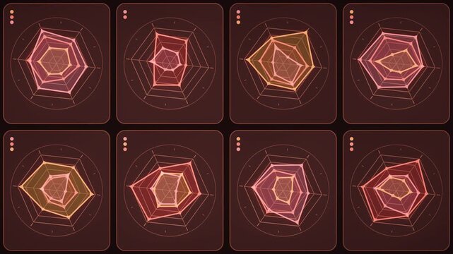 Radar Chart Dashboard Pulse Seamless Loop Abstract Data Analytics Visualization Background in bright maroon tones