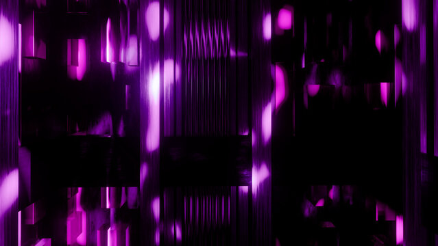 Abstract technology background with glowing purple neon lights. Dark futuristic texture with vertical geometric stripes, metallic reflections, and cyberpunk style, 3d render