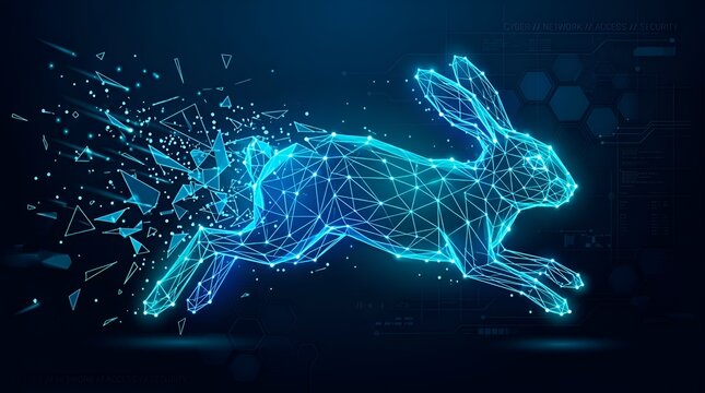 Futuristic low poly digital wireframe rabbit running fast on blue technology background