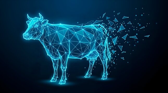 Digital Low Poly Cow Illustration Representing Futuristic Livestock Farming and Biotech Innovation