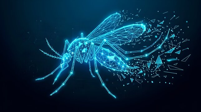 Low poly wireframe mosquito vector illustration, abstract digital insect with glowing dots and triangulation lines on a dark blue background representing technology and science